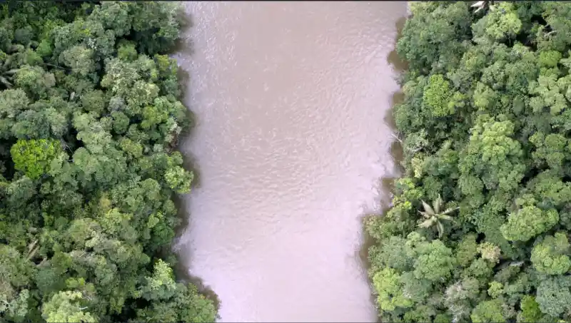 Ein Drohnenfoto von einem Fluss.