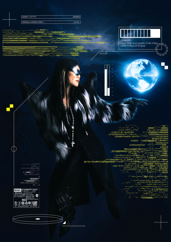 Eine Frau in einem futuristischen, schwarzen Outfit mit Sonnenbrille und einem Kreuzanhänger, umgeben von digitalem Code, Symbolen und einer leuchtenden Erde auf blauem Hintergrund. Das Bild vermittelt Cyber-Futurismus und Exosoziologie.